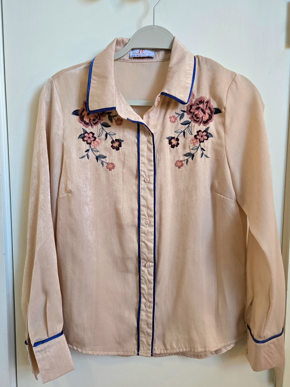 Dee Boutique Peach Satin Embroidered Floral Western Blouse